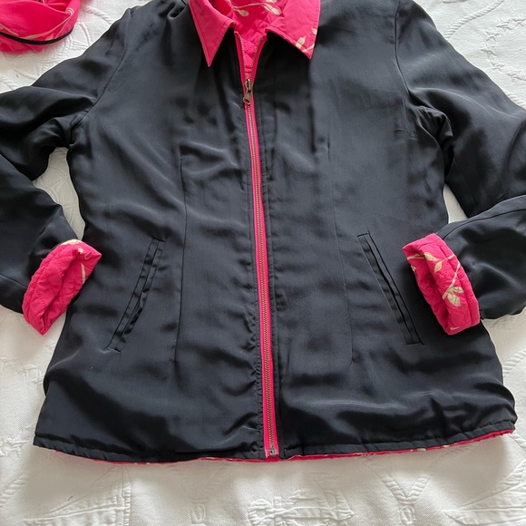 100% Silk reversible front zip jacket black and hot pink  matching scarf - Picture 4 of 11